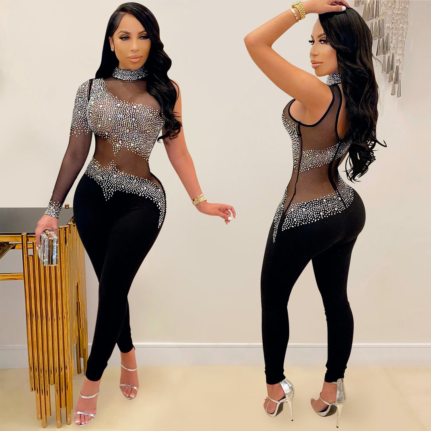 Rhinestone One-Shoulder Mesh Jumpsuit