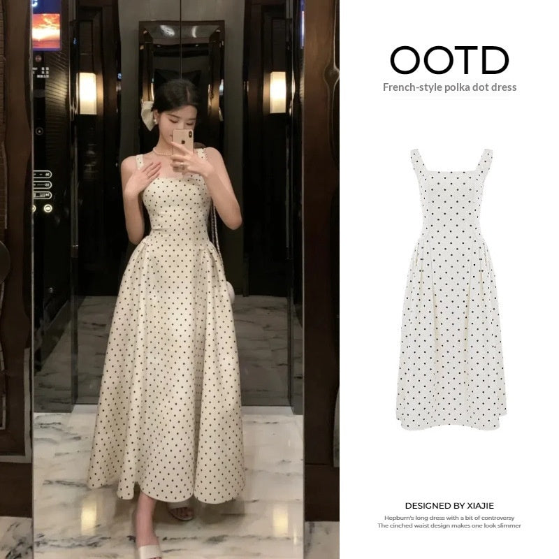 Womens Long Dress with French-style Polka-dot Straps