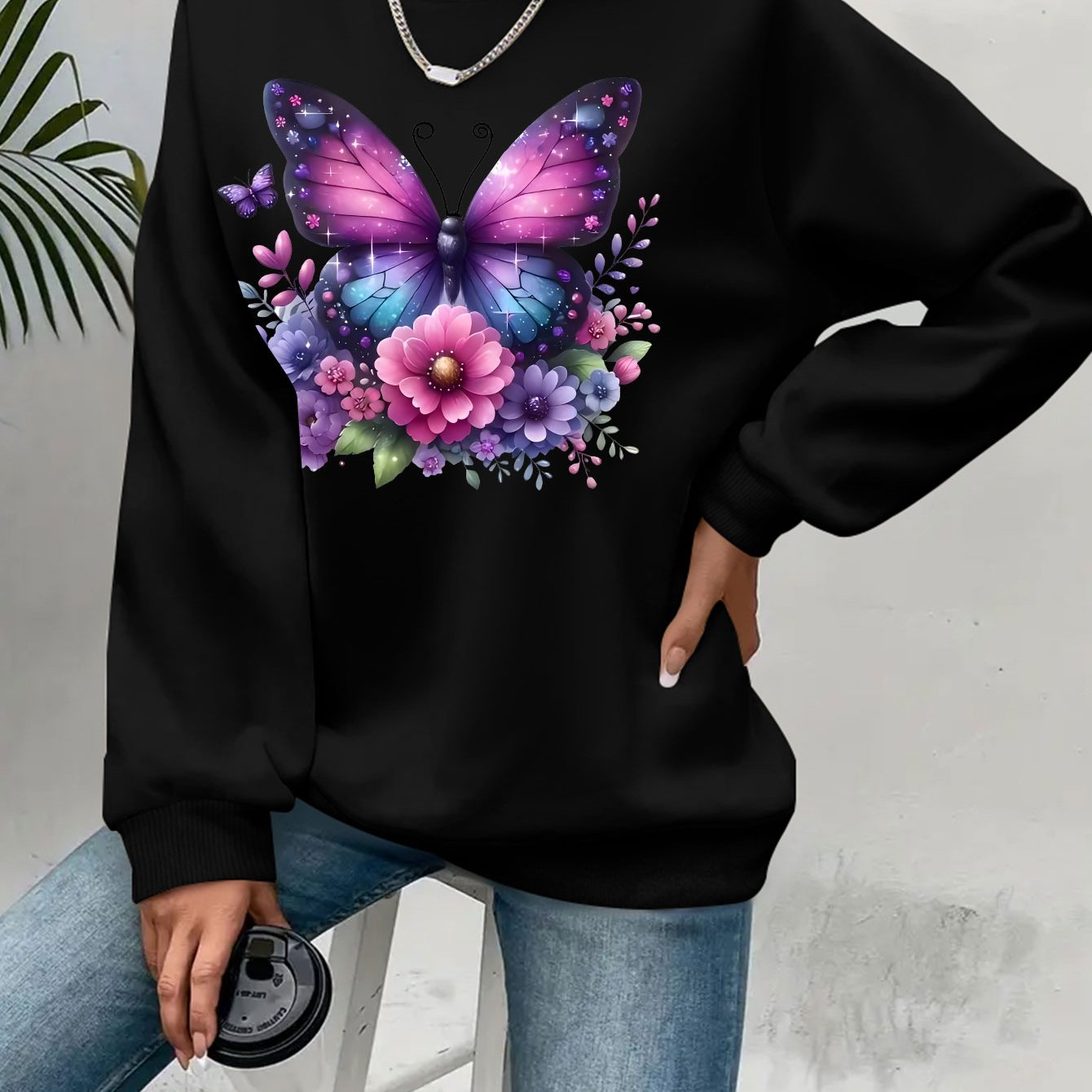 Plus Size Soft Purple‑Blue Butterfly Floral Print Long Sleeve Round Neck Sweatshirt
