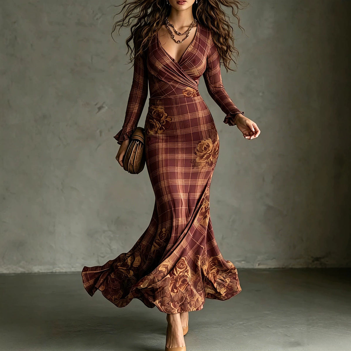 Deep V-neck Cross-strap Rose-printed Long Dress