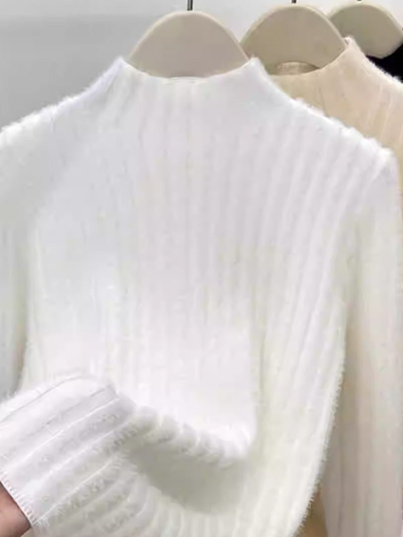 Mink-wool Knitted Mock-neck Base Layer for Spring and Autumn