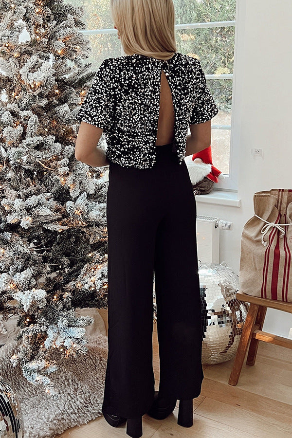 Sequin Pocket Backless Slit Jumpsuit for Women