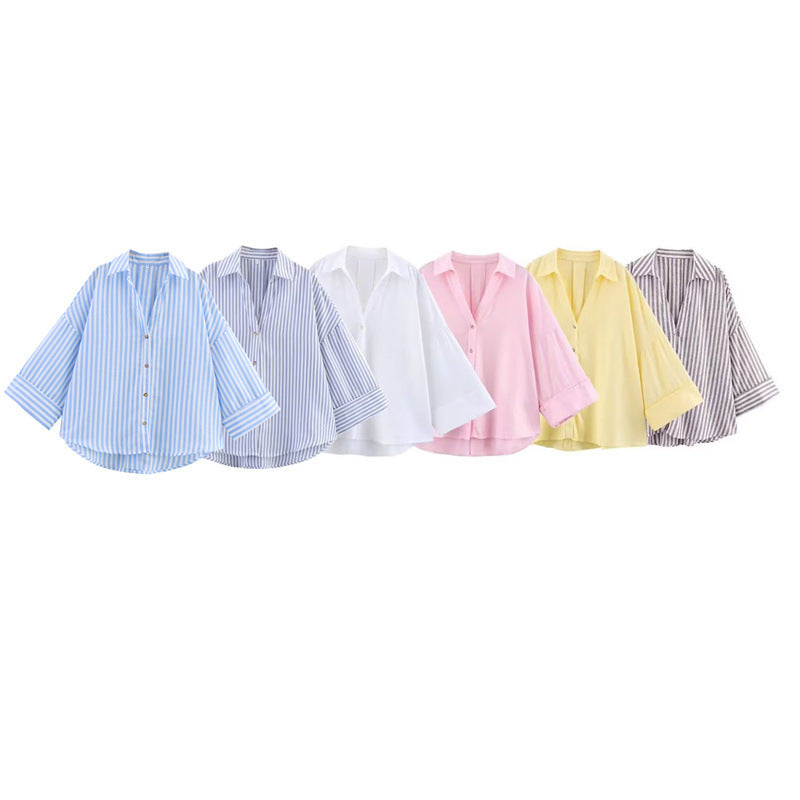 Casual All-matching Lapel Striped Wide Sleeve Shirt