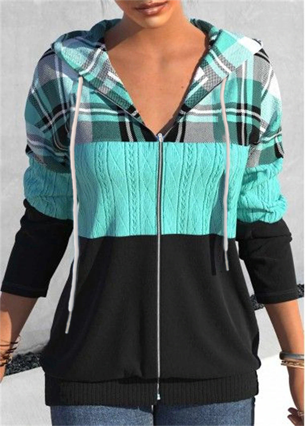 Women's Plaid Hooded Zipper Cardigan Sweater