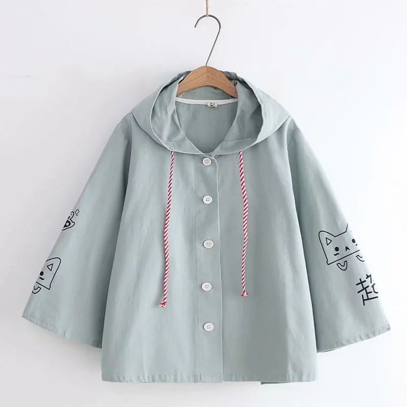 Colorful Printed Drawstring Hooded Coat for Women