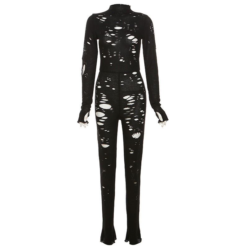 Women's Ripped Hollow-Out High-Waist Knit Jumpsuit