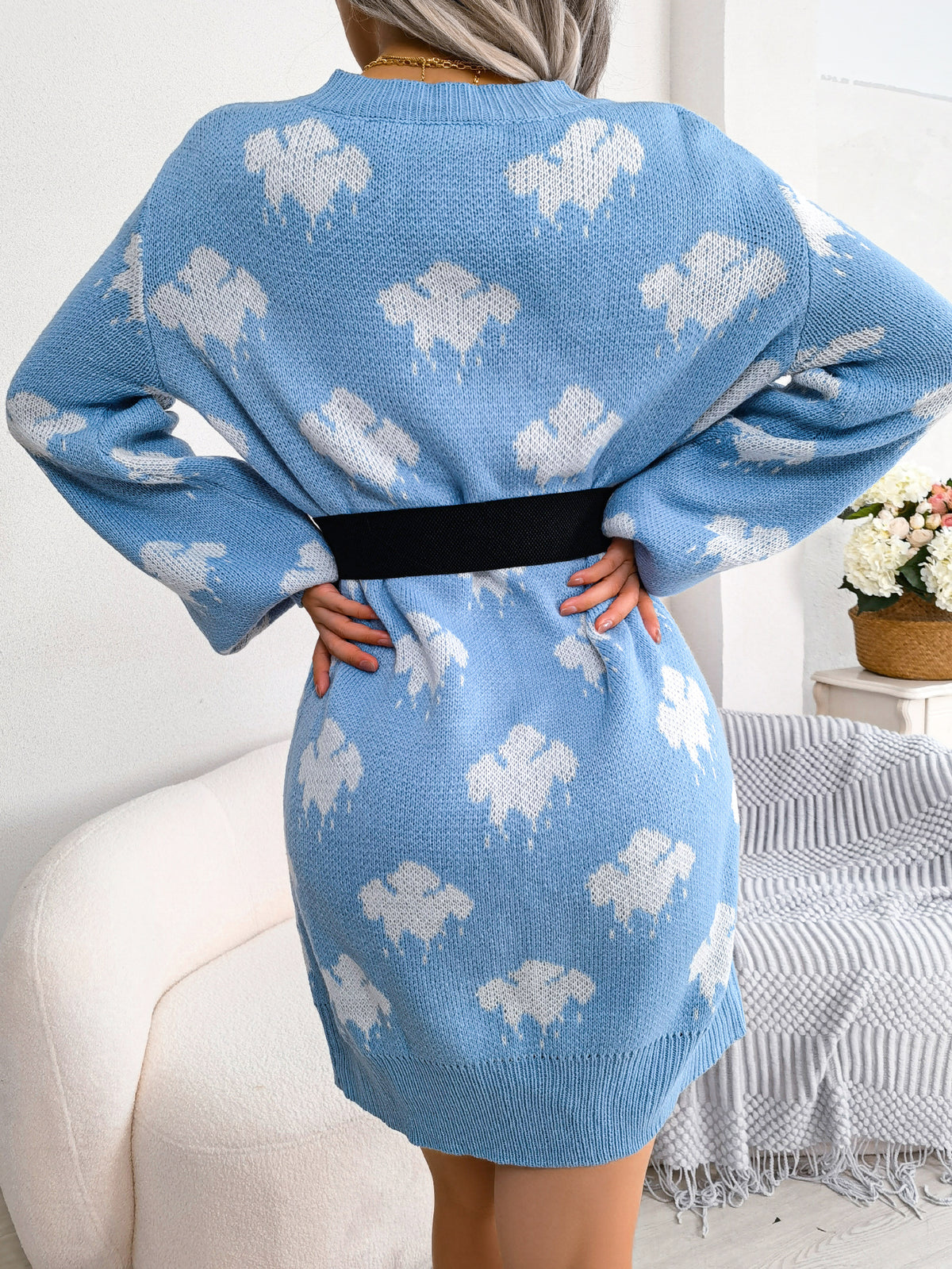 Women's Color-blocked Cloud Lantern Sleeve Knitted Slip Dress