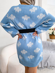 Women's Color-blocked Cloud Lantern Sleeve Knitted Slip Dress