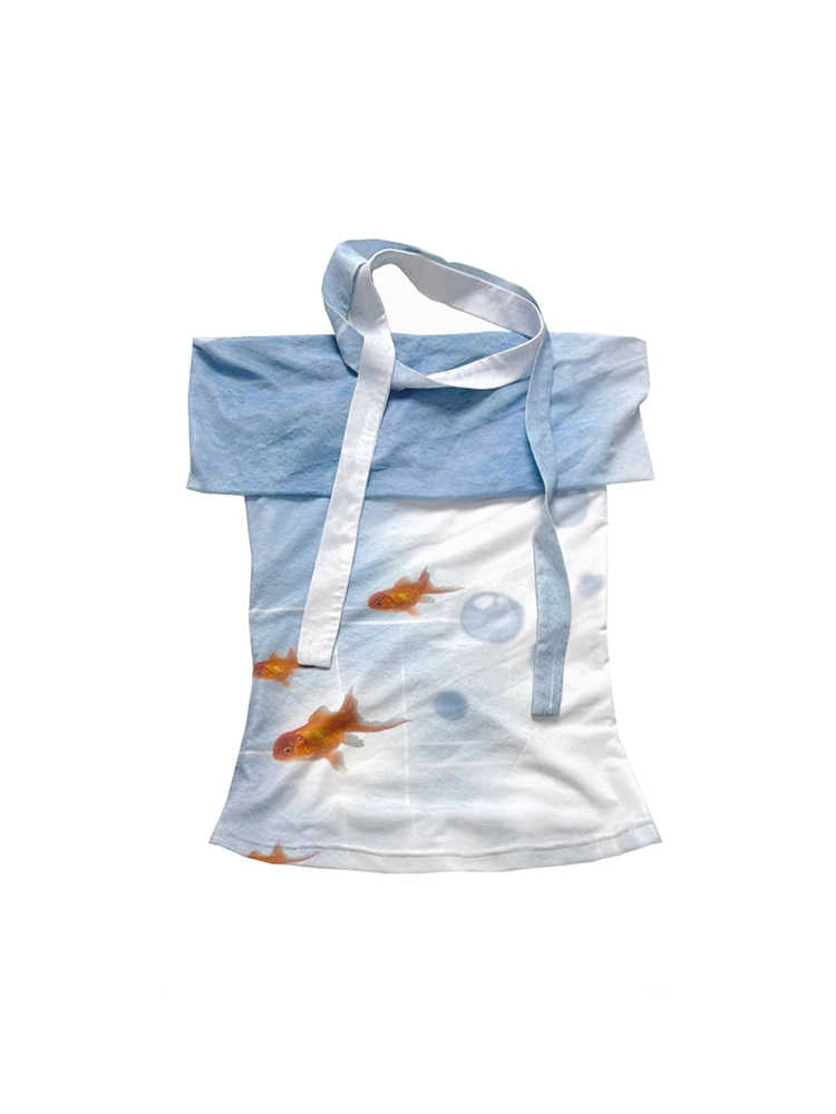 Elastic Slim-fit Off-shoulder Scarf Ribbon Mesh Short Sleeve T-shirt