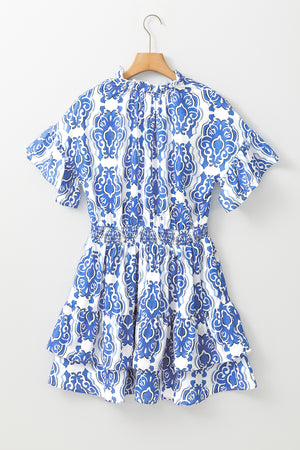 Ashleigh – Blaues Kleid mit Vintage-Blumendruck und weiten Rüschenärmeln