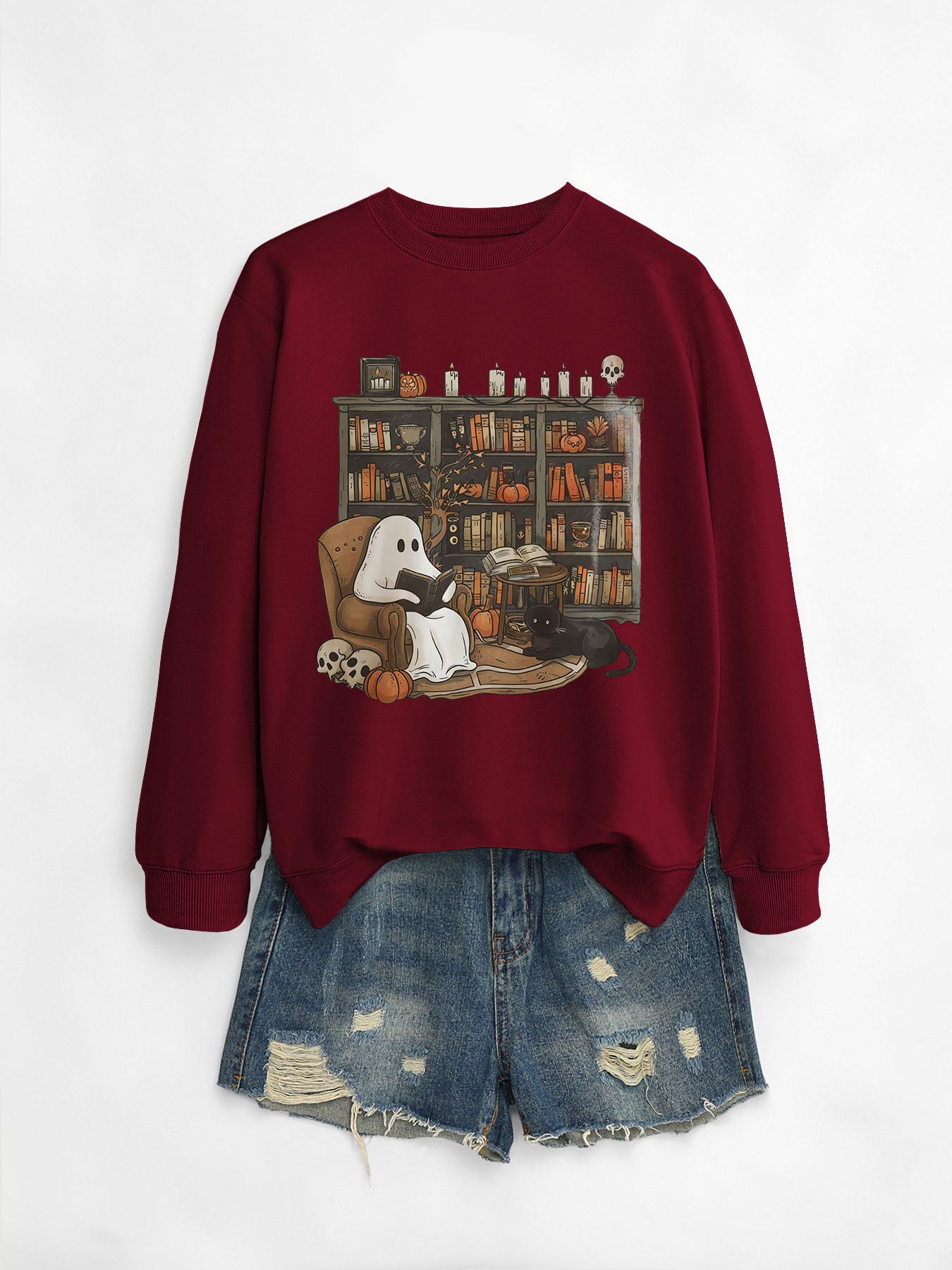 Cozy Black Cat Bookshelf Halloween Sweatshirt