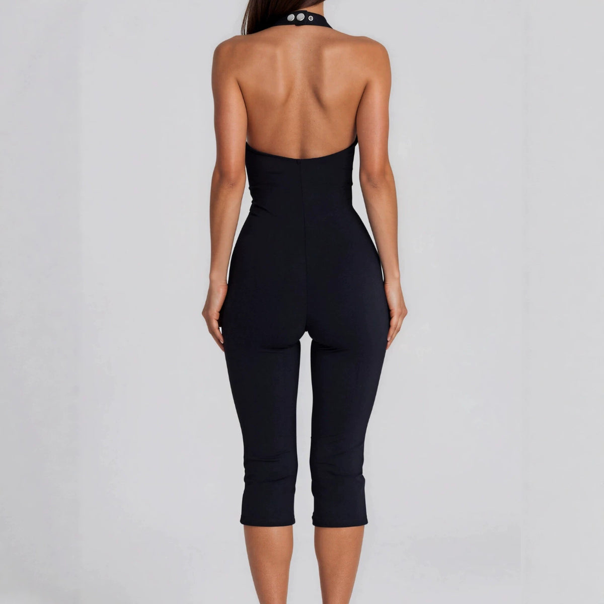 Halter-neck Metal-hole Tight Capri Jumpsuit