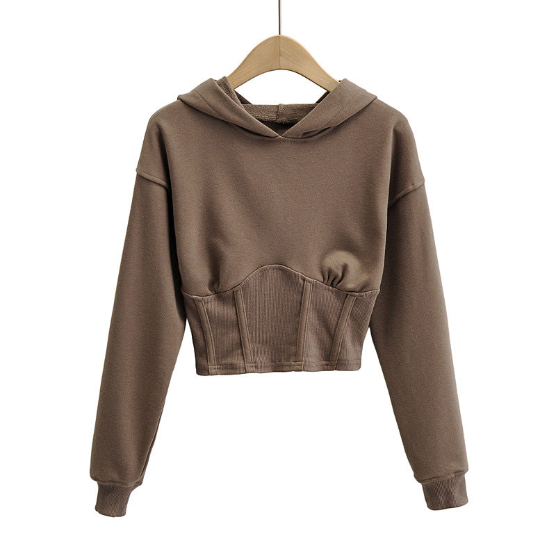 European And American Slim Fitting Navel Solid Hooded Sweater