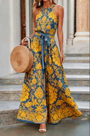 Vintage Summer Slim-fit Belted Wide-leg Jumpsuit