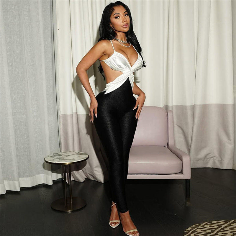 Women's Backless Contrast High-Waist Slim Jumpsuit