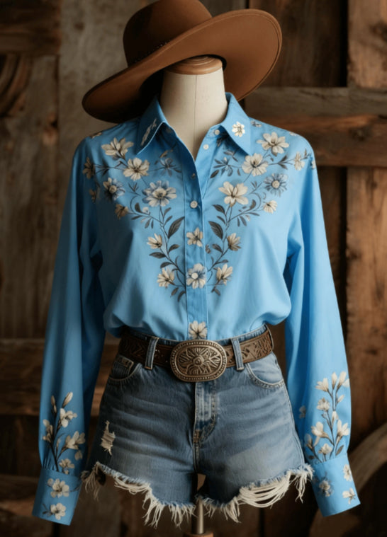 Women's Western Retro Floral Print Collared Long Sleeve Loose Shirt