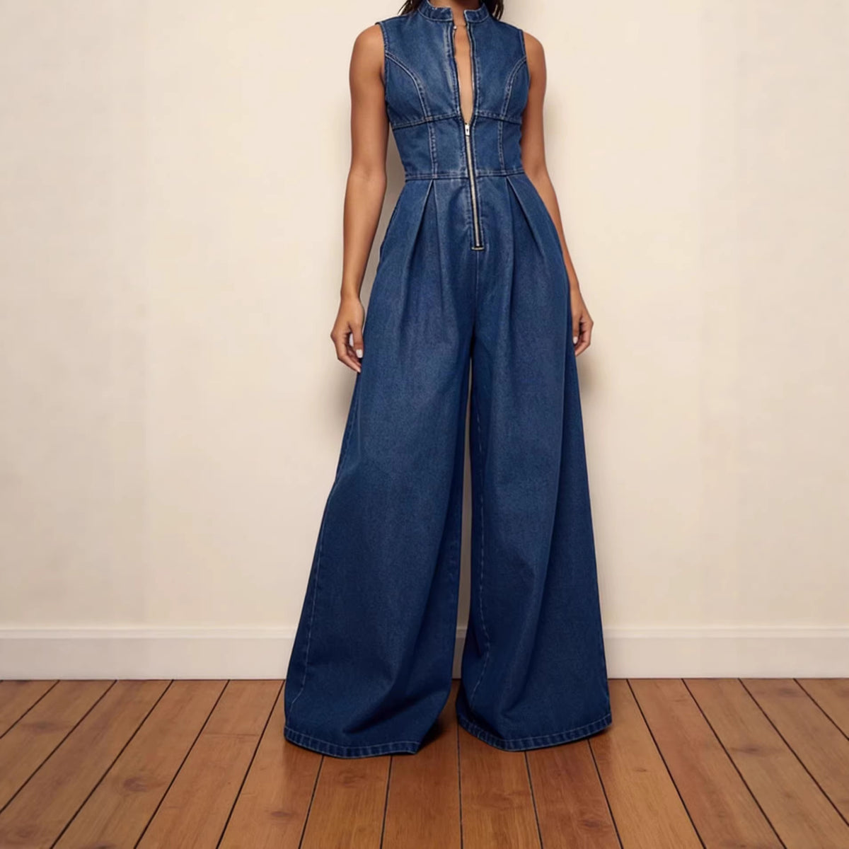 Slimming Denim Jumpsuit Sleeveless Wide-Leg Romper