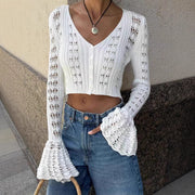Women's Clothes Sexy Cutout Bell Sleeve Solid Color Short Knitted Top