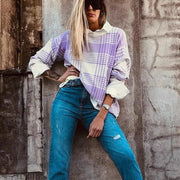 Lilac Plaid Print Ribbed Trim Loose Sweater