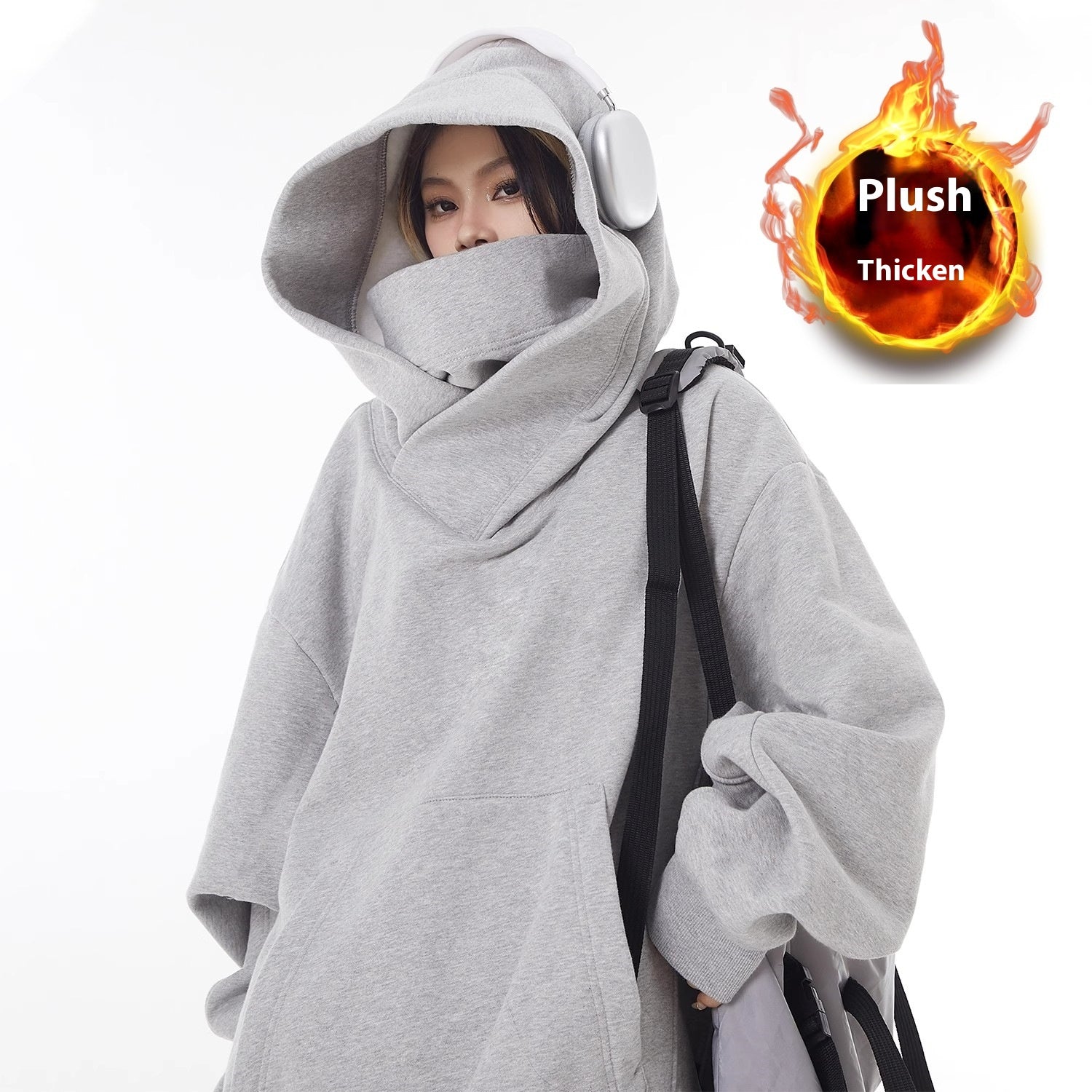 Fleece-Lined High Collar Hooded Sweatshirt