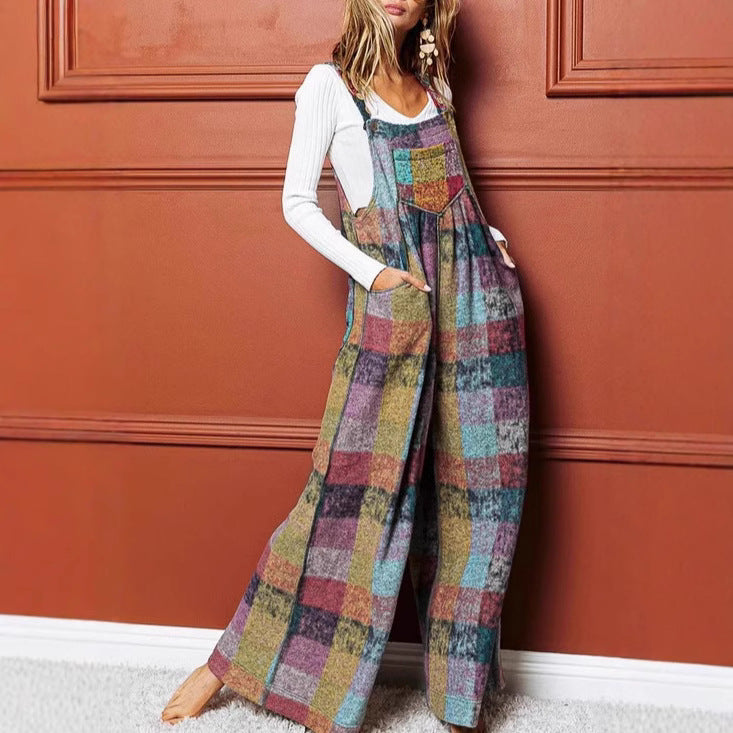 Women's Multi-color Plush Plaid Wide-leg Overalls