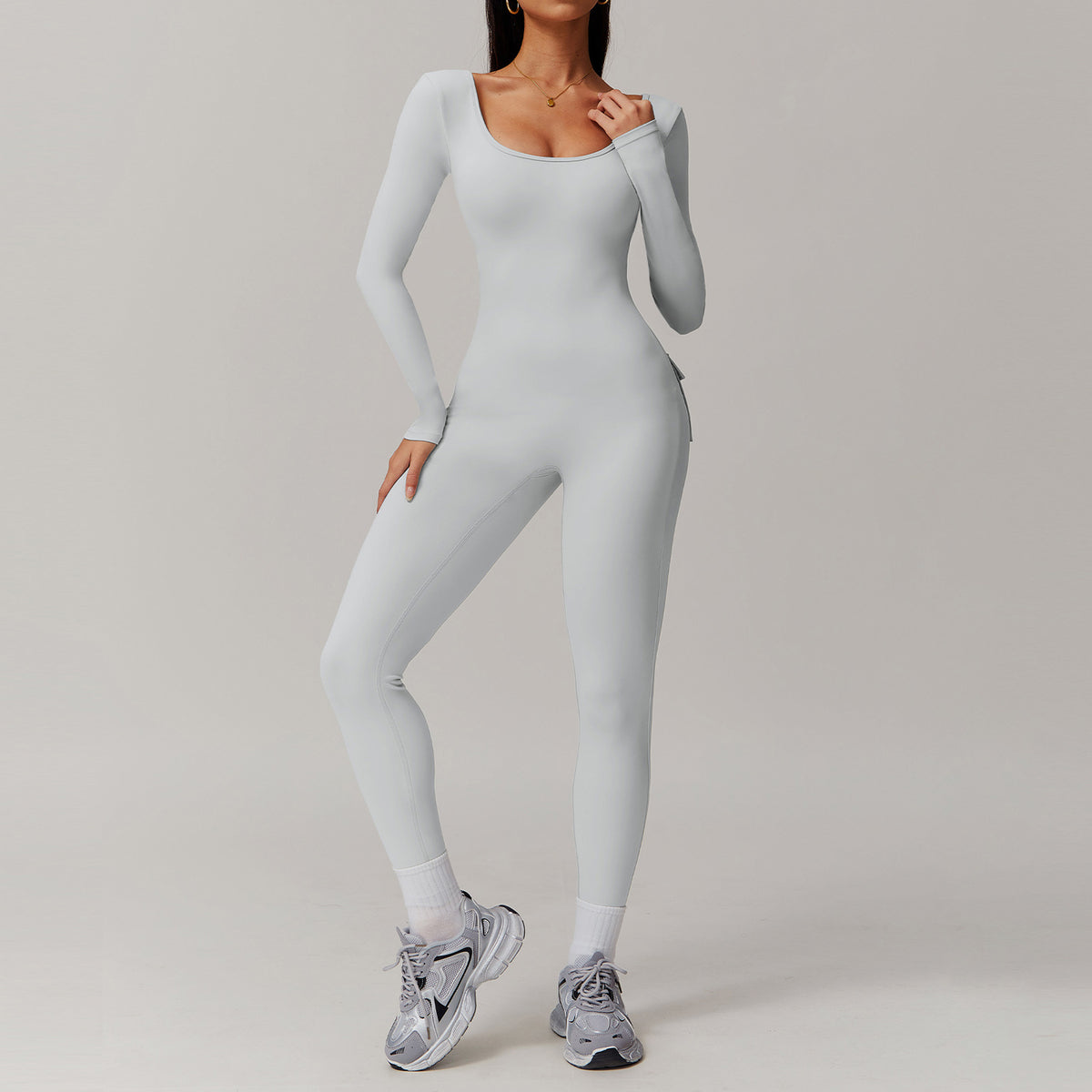 Women's Solid Color Back Nude Feel Long Sleeve Yoga Jumpsuit