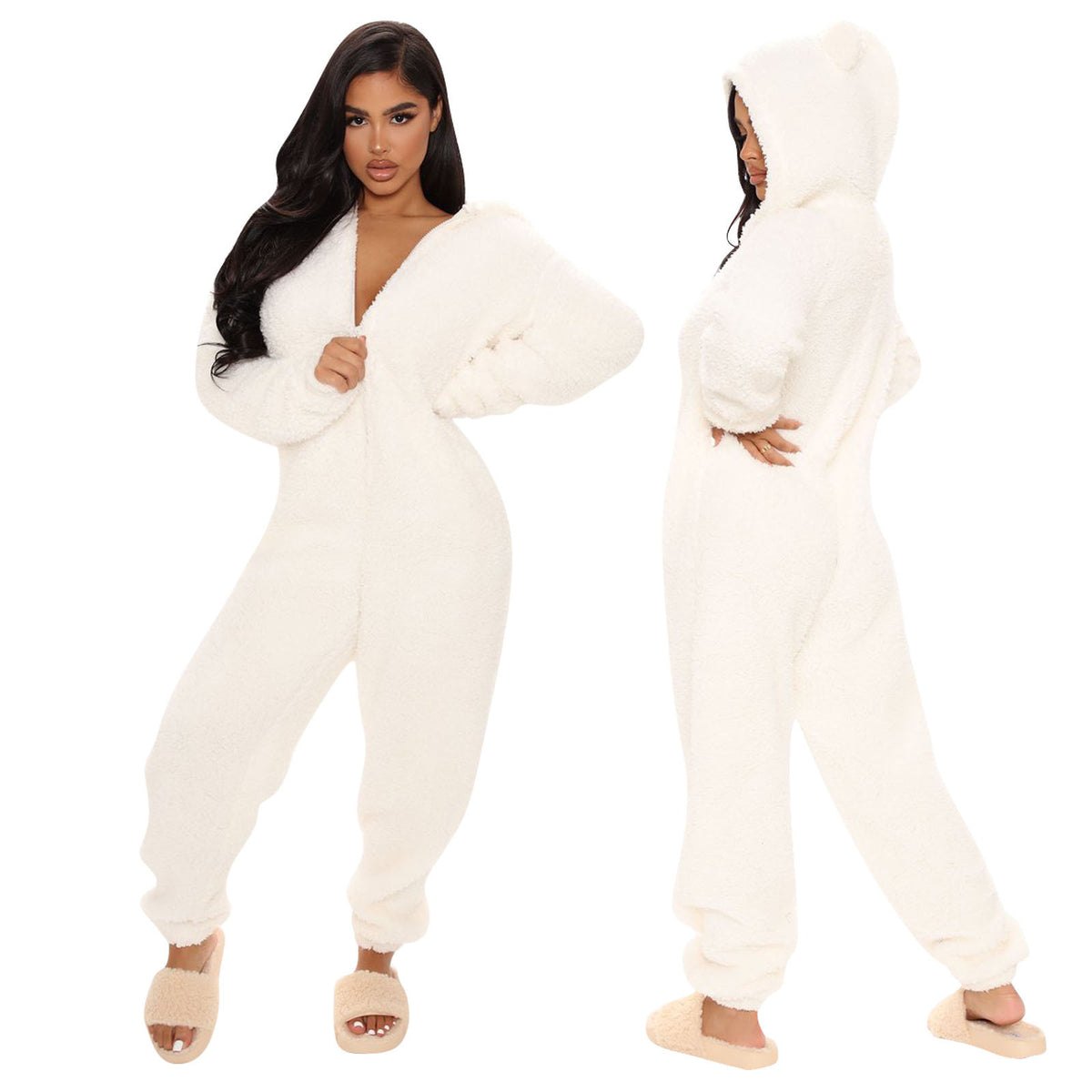 Cozy Plush Hooded Long Sleeve Jumpsuit Pajamas