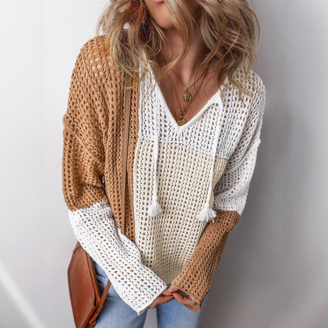 European and American Leisure Style Color Matching Hollow Out Sweater