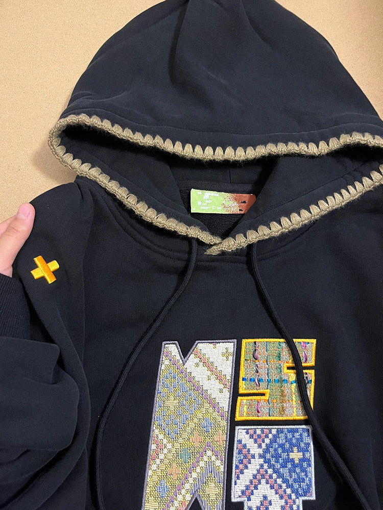 Retro Ethnic Woven Patch Loose Hooded Sweater