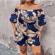Off-Shoulder Botanical Print Waist-Cinching Romper