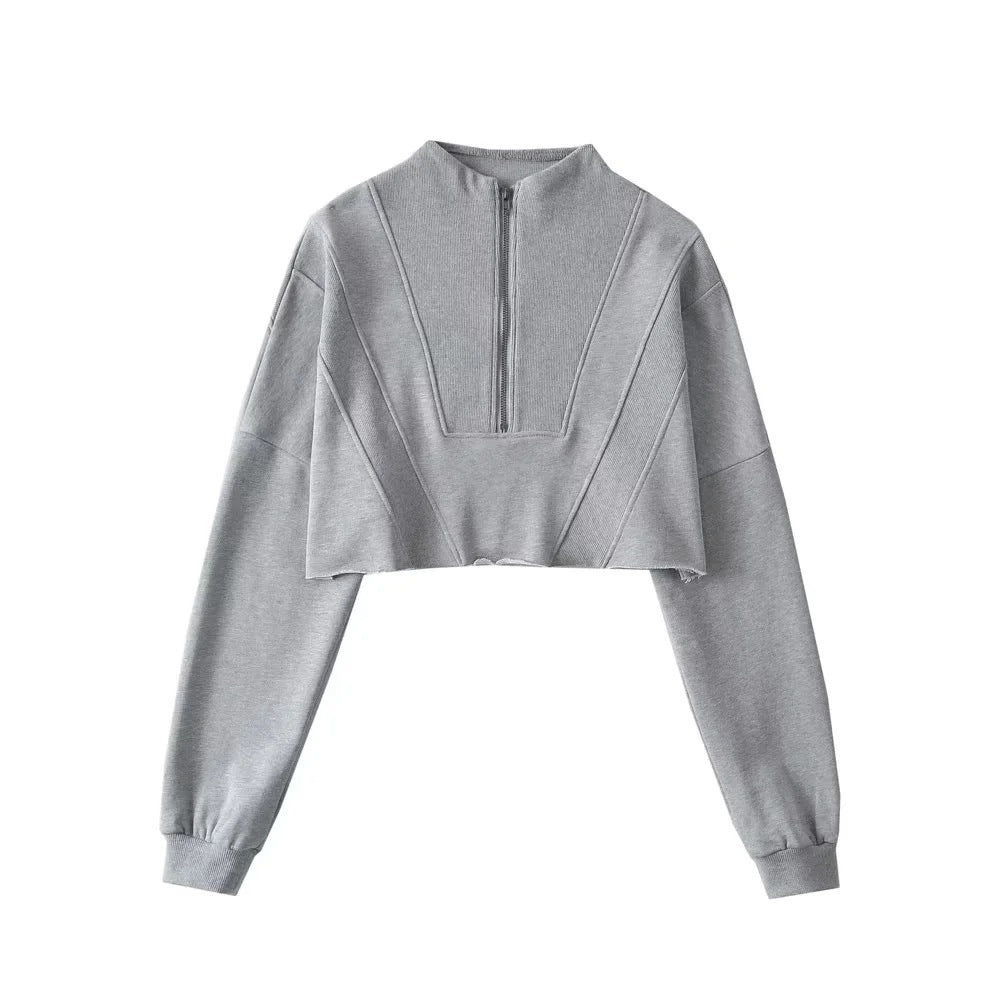 Women's Casual Half-Zip Solid Color Short Sweatshirt