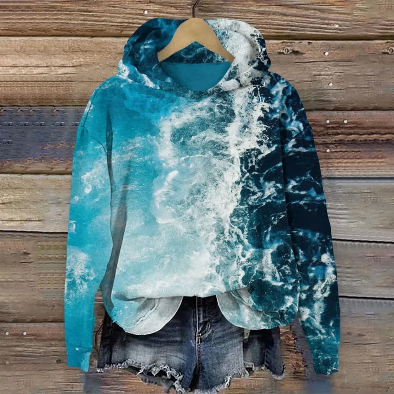 Ombre Wave Design Hoodie for Women