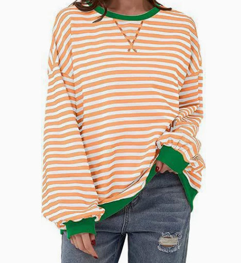 Casual Striped Round Neck Long Sleeve Slim Pullover Top