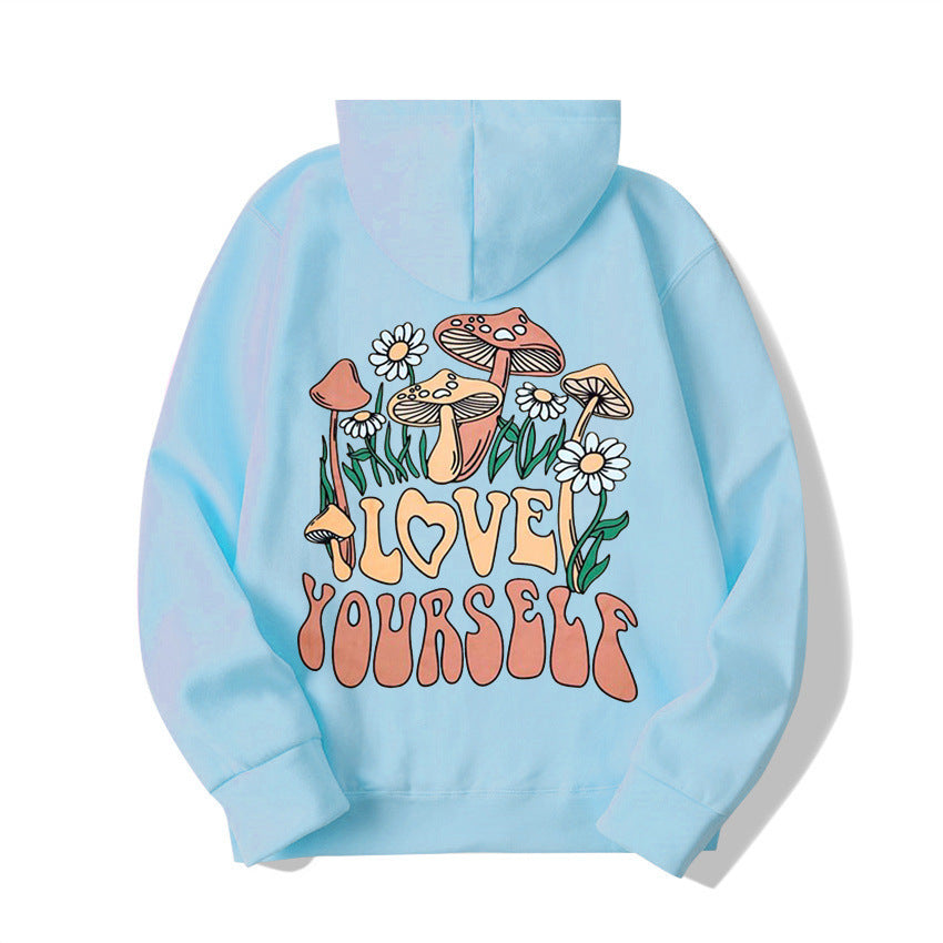 Plus Size Cute Mushroom Slogan Cozy Pullover Hoodie