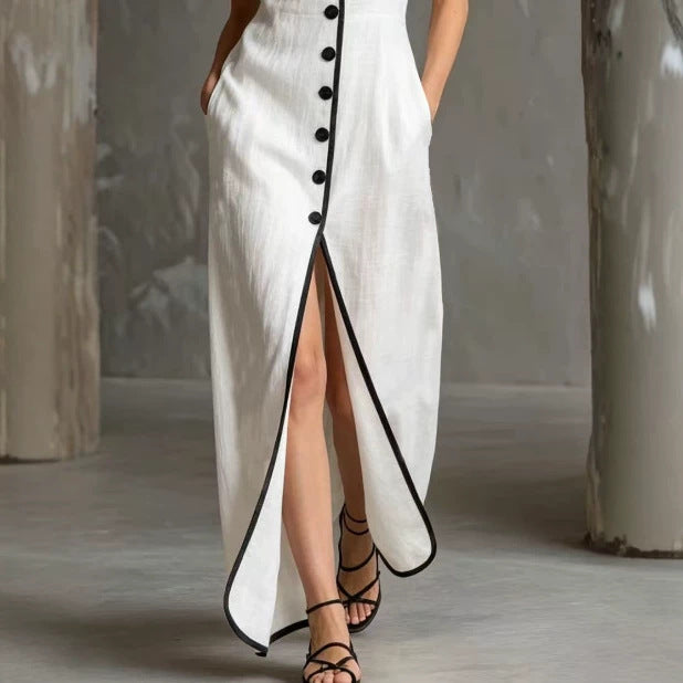 Resort-style Slit Single-breasted Sleeveless Dress