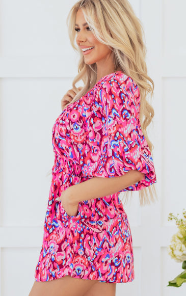 Abstract Print V-Neck Puff Sleeve High Waist Romper