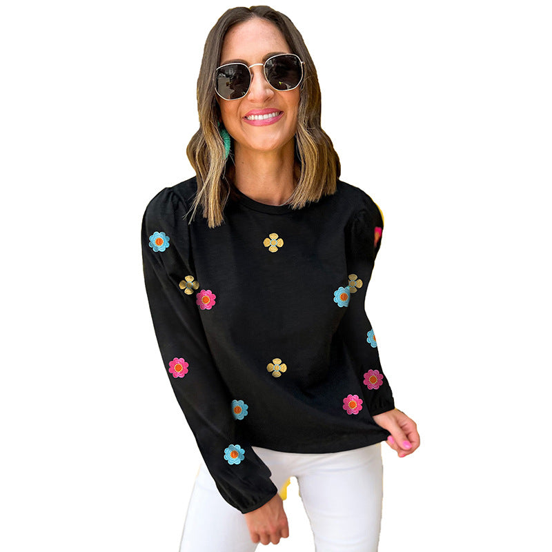 Floral Embroidered Long Sleeve Pullover Cotton Sweater