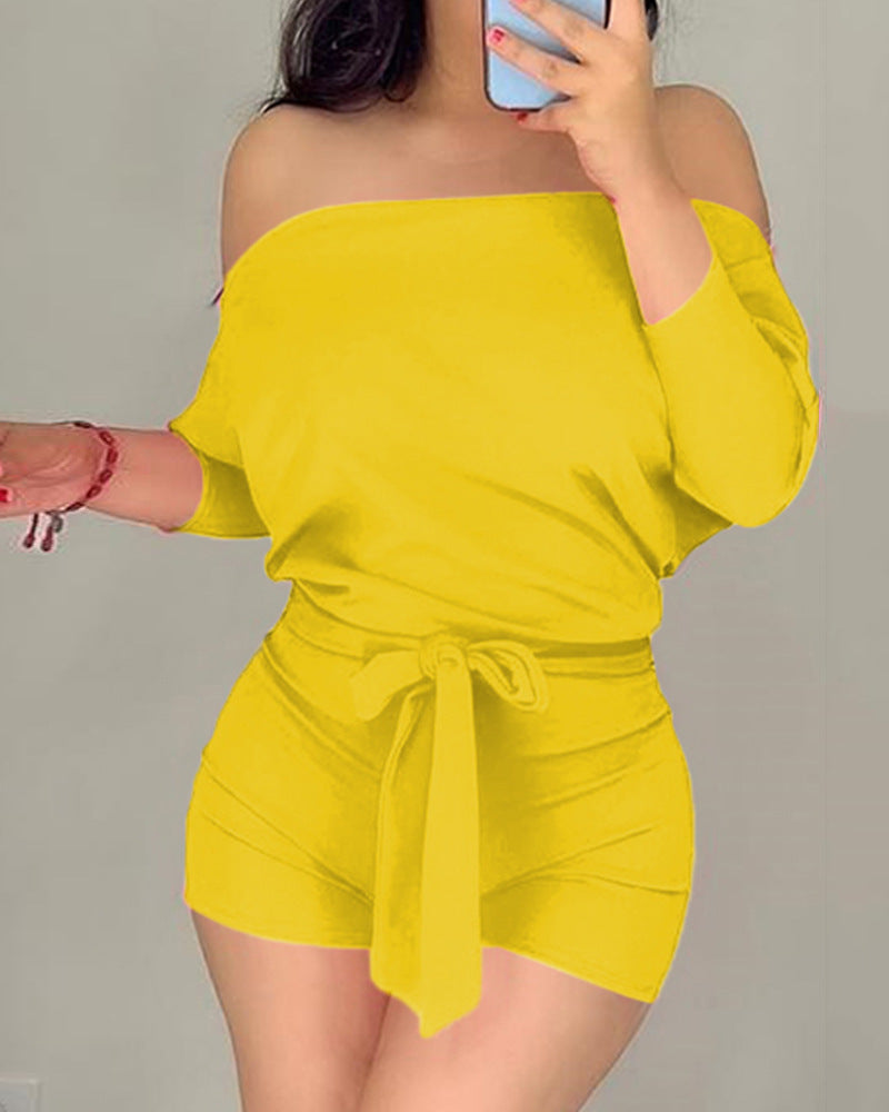 Rose-red Solid-color Casual One-piece Shorts