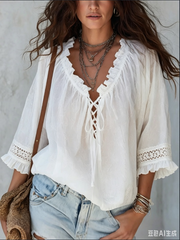 White Boho V-Neck Long Sleeve Peasant Blouse with Lace-Up & Ruffle