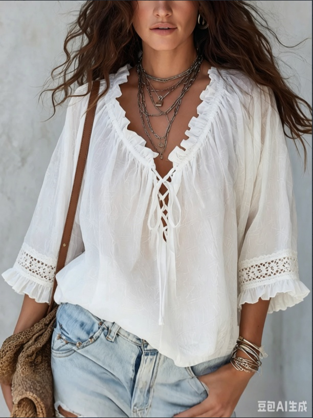 White Boho V-Neck Long Sleeve Peasant Blouse with Lace-Up & Ruffle
