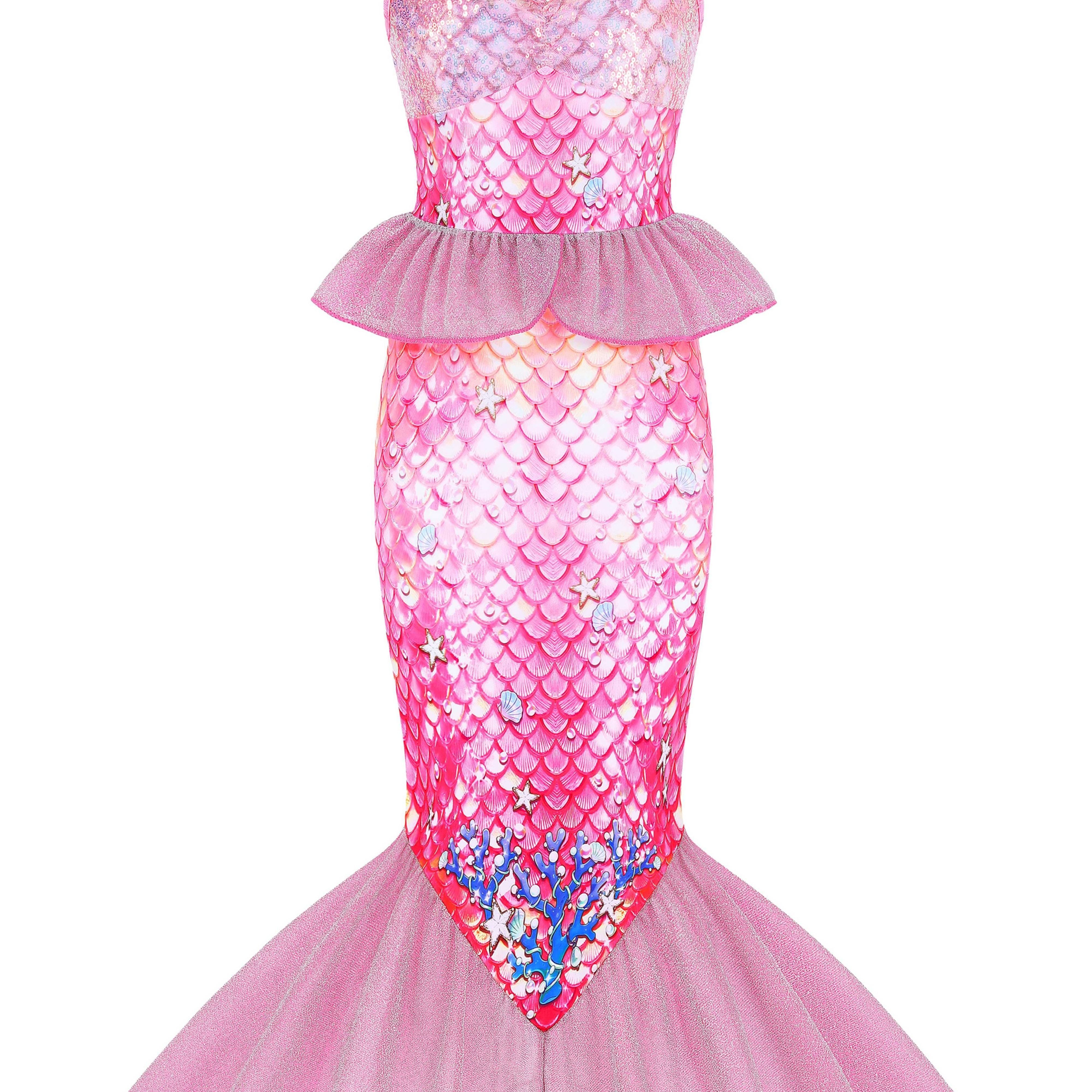 Girls Mermaid Dress with 3D Tail and Ruffled Skirt