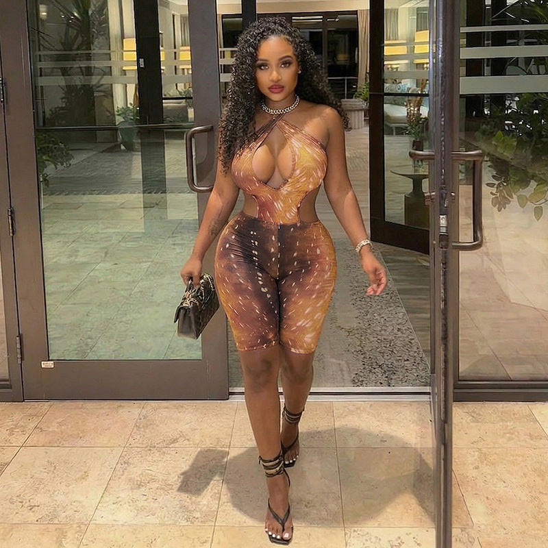 Trendy Printed Halter-Neck Backless Jumpsuit