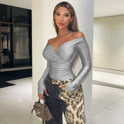 Sexy Pleated V‑Neck Bodycon Long‑Sleeve T‑Shirt – Street Style