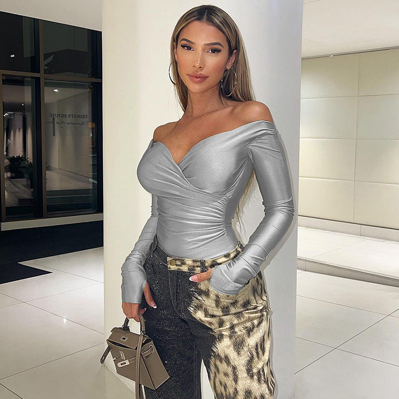 Sexy Pleated V‑Neck Bodycon Long‑Sleeve T‑Shirt – Street Style