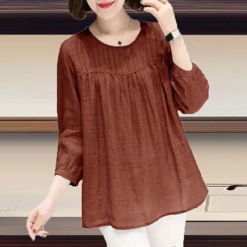 Women's Cotton Linen Round Collar Retro Blouse