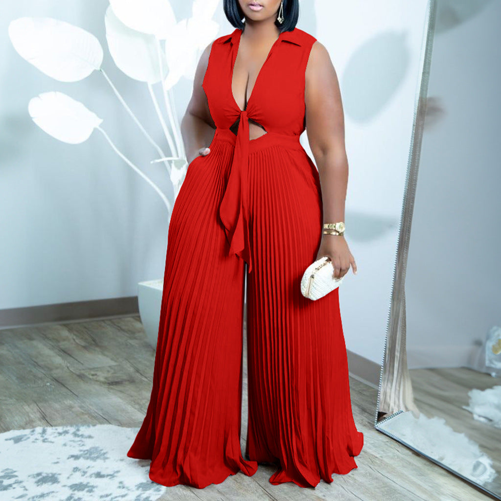 Women's V-Neck Sleeveless Wide-Leg Printed Jumpsuit