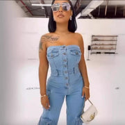 Denim Tube Top Multi-Pocket Workwear Jumpsuit
