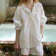 Linen Handmade Ruffle-trimmed V-neck Tie-up Shirt