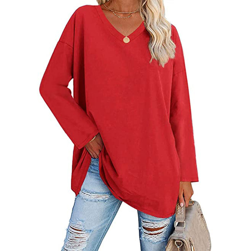Oversized V-Neck Drop-Shoulder Casual Cotton T-Shirt