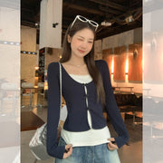 False Two-piece Patchwork Bow Long Sleeve T-shirt Women's Slim Top